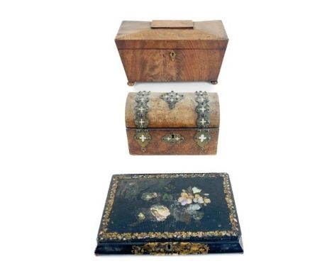 A rectangular casket shaped mahogany Tea Caddy, Wm. IV period on bun feet, 33cms (13"), a smaller burr walnut ditto, as is, a