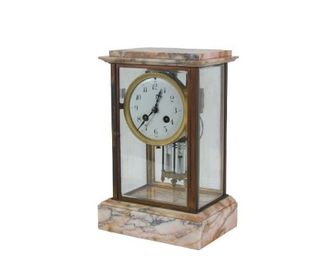 A 19th Century French Mantel Clock, the stepped marble top over four glazed sides with enamel circular dial with Arabic numer