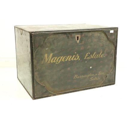 A 19th Century metal Estate Deed Trunk or Book 'Magenis Estate' with carrying handles and hinged lid. (1) 