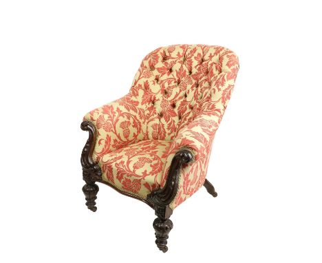 A quality Victorian mahogany Armchair,&nbsp;in the manner of Strahan of Dublin, with button back and padded seat covered in a