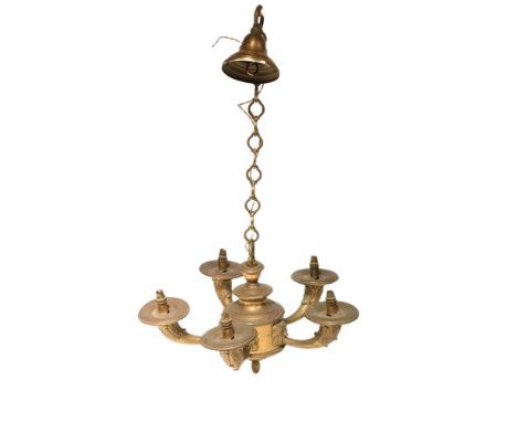 A fine quality Georgian style five branch ormolu Ceiling Light, the bulbous centre moulded with grotesque masks and five uptu