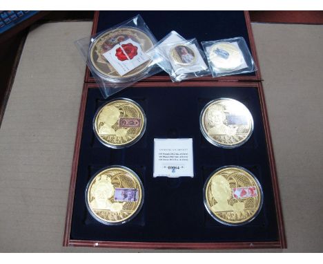 Windsor Mint Very Large Gold Plated Proof Coin, with pad print and Swarovski, together with four large proof coins, etc.