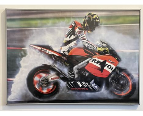 Depicting the enigmatic MotoGP rider lighting up his rear tyre, limited edition number 253 of 500.Measuring 50cm x 70cm. Some
