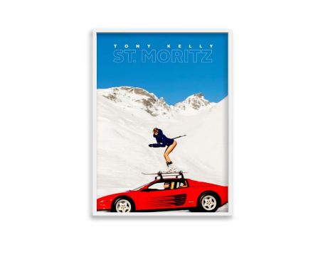 Depicting an 'inappropriately' attired skier atop a Ferrari 512 by the renowned provocative Irish photographer.One of a limit
