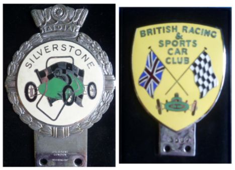 Both with bright and near-perfect enamel.British Racing and Sports Car Club badge numbered '3582' and a generic Silverstone b