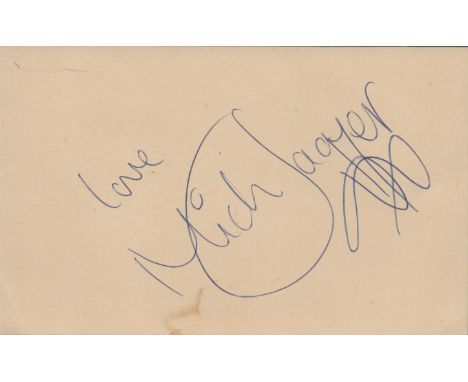 Mick Jagger Autograph card 5x3 Inch. 'The Rolling Stones'. Good condition. All autographs come with a Certificate of Authenti