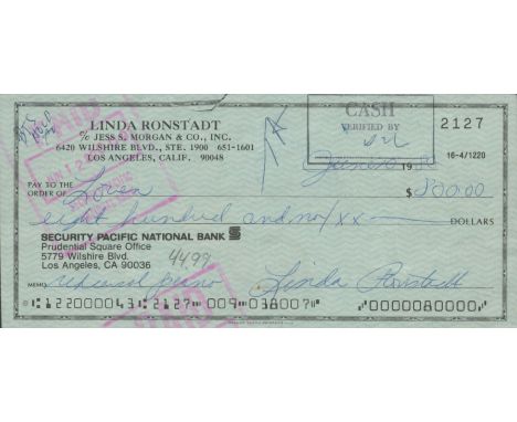 Linda Ronstadt signed cheque. Slight tear on top of cheque. Good condition. All autographs come with a Certificate of Authent