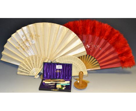 Ladies Ephemera - a late 19th century silk embroided fan; another French lace (faults), others; various bone button hooks; et
