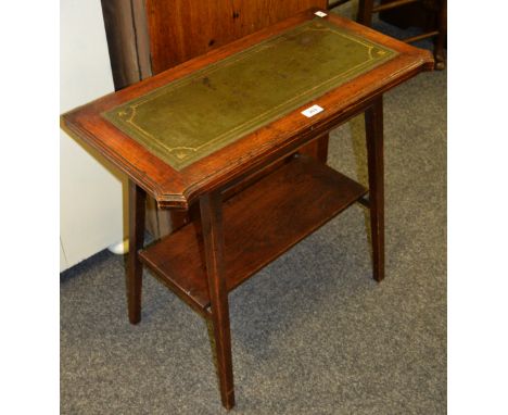 An early 20th century oak card/occasional table, rectangular folding top with inset tooled and gilt leather, enclosing a baiz