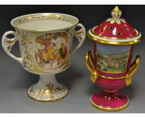 A Spode Haddon Hall twin handled vase and cover, boxed;  Christmas cup (2)