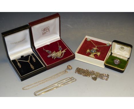A Caithness Jewellery silver Celtic Cross, matching earrings; a Marcasite and purple stone silver brooch; matching earrings; 