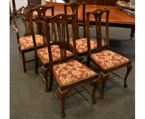 A set of four mahogany Chippendale Revival high back  dining chairs, pierced fluted splat, cabriole legs, turned stretcher; a