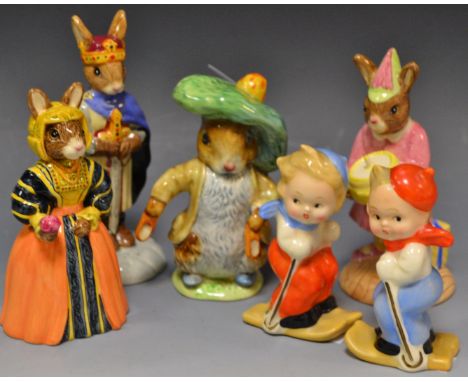 A Beswick Beatrix Potter's Benjamin Bunny; a pair of Hummel boys on skis; three Royal Doulton Bunnykins comprising King Arthu