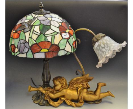 Interior Design - a Tiffany style lamp; an Art Nouveau style lamp, frosted shade; a Cherub wall plaque (3)