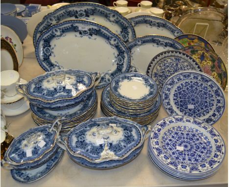 Blue and White Ceramics - a Victorian Staffordshire Flo Blue dinner service, comprising of meat plates, tureen and covers, di