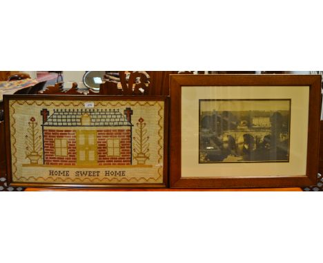 A Victorian sampler 'HOME SWEET HOME', framed; a Victorian photograph of Chatsworth House, early 20th century oak frame (2) 