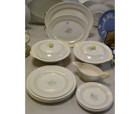 A Susie Cooper Greys Pottery part dinner service comprising of tureen and cover, plates, sauce boat; etc
