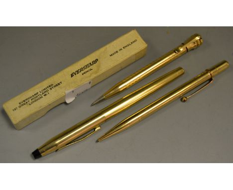 An Eversharp boxed rolled gold propelling pencil; another; a rolled gold fountain pen, 14ct nib (3)