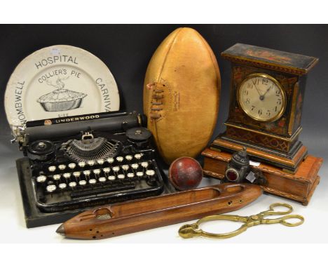 Boxes and Objects - an early 20th century lacquered Ingersoll timepiece with Westbury dial ; a leather Rugby ball; an early 2