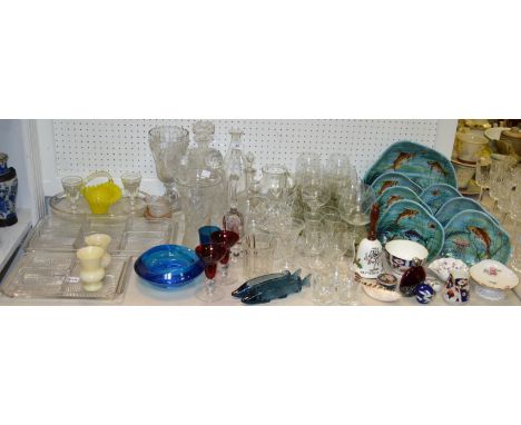 Ceramics and Glass - smoky glass sundae dishes; a pair of miniature ruby glass posy vases; Portuguese stoneware Fish dishes; 