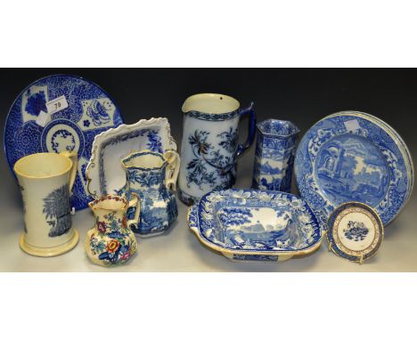 Blue & white ceramics - a Victorian Grimwade flow blue jug; a Cauldon hexagonal spill vase printed with a classical scene; a 