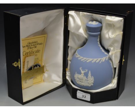 A Wedgewood Blue Jasperware Glenfiddich Whisky decanter designed for William Grant & Sons Ltd. in box, empty