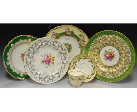 A Royal Crown Derby plate, painted with Dog Roses on a cream ground, apple green border; a Royal Crown Derby plate painted wi