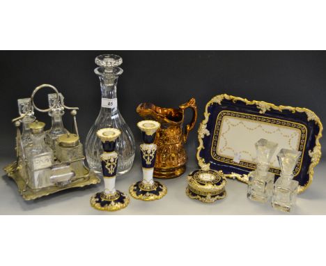 A Victorian Copeland dressing set, cobalt blue and gilded (faults); silver plated and glass cruet set; copper lustre jug (fau