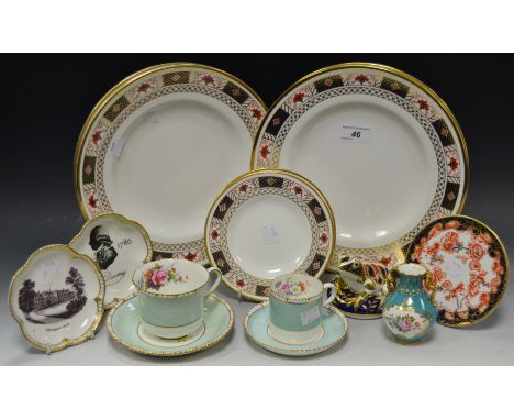 A set of four Royal Crown Derby , Derby Panel pattern, plates; a pair of conforming side plates; a Royal Crown Derby paperwei