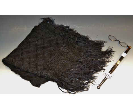 A Victorian black lace shawl; a gold coloured metal mounted tortoiseshell lorgnette 