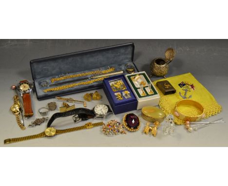 A silver hafted paper knife; Indian silver coloured salt ; Rotary watches silver brooch;  etc 