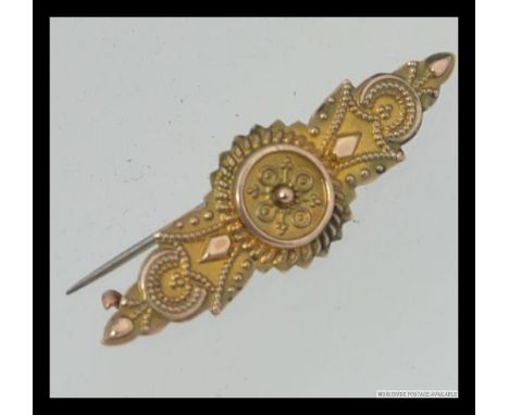 A Victorian 9ct gold ladies oval bar brooch with photo panel back,  filigree embellished with forget me not photo to verso. M