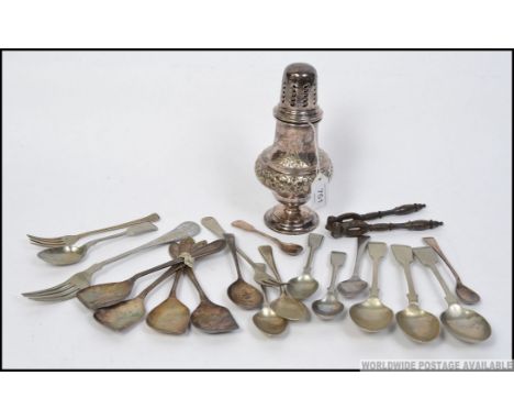 A decorative silver plated sugar shaker in relief along with flatware, some silver hallmarked along with others. H18cm 