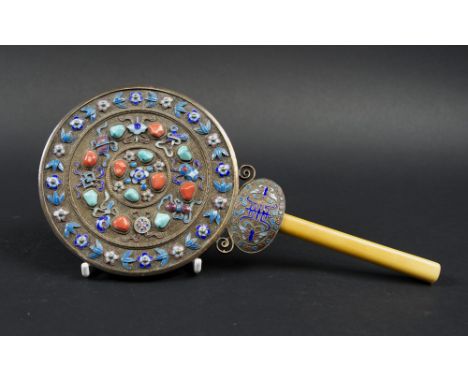 CHINESE SILVER AND ENAMEL DECORATED HAND MIRROR. 