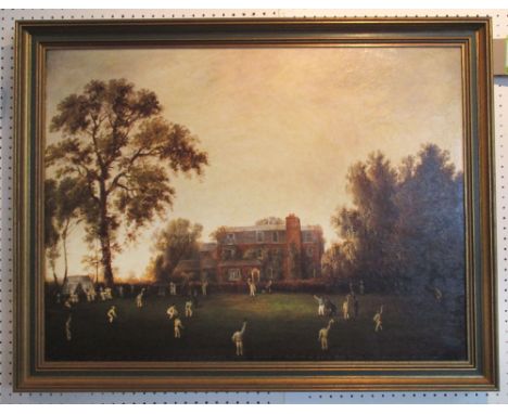 20TH CENTURY SCHOOL, 'Cricket at Gads Hill Place, Rochester' circa 1868, glazed print, depicting Charles Dickens bowling the 