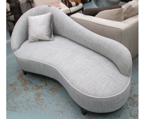CHAISE LONGUE, sloped back, curved, in light grey Zimmer Rohde fabric on square ebonised supports, 190cm L. 