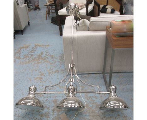 POOL HALL LIGHT, three branch, in chrome metal finish, 120cm x 141cm H.