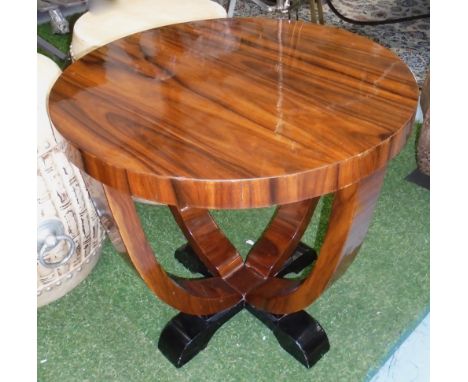 LAMP TABLE, Art Deco style round top on open supports in Macassar style veneered finish, 60cm diam x 56cm H. (with faults)