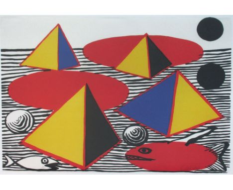 ALEXANDER CALDER (American, 1898-1976), 'Poisson Rouge et Poisson Blanc: Pyramids and Fishes', 1976, 78cm W x 58cm H, lithogr