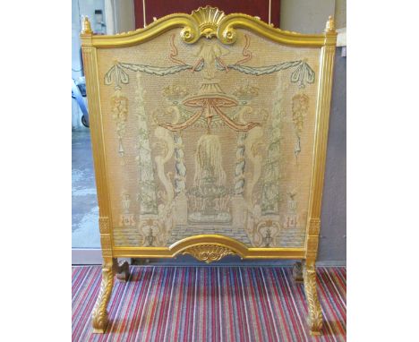 FIRE SCREEN, George III style giltwood with garden fountain needlework panel, 105cm H x 78cm x 36cm.