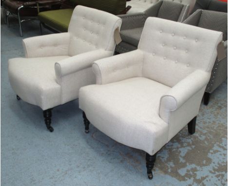 CLUB CHAIRS, a pair, button back, in oatmeal fabric on front castors, 70cm W. (2)