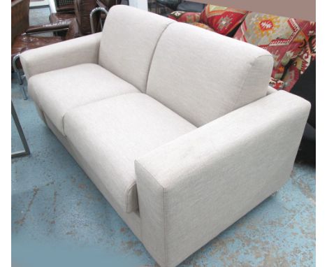 SOFA BED, in beige linen fabric, opening with one hand without removing the cushions, pocket spring mattress, on turned suppo