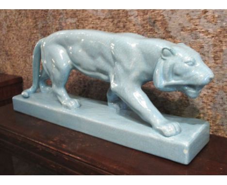 PANTHER SCULPTURE, Art Deco style, blue glazed ceramic, 66cm nose to tail.