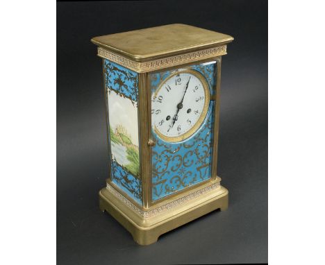 MANTEL CLOCK, brass framed with decorative Sevres style panels, wire gong striking movement, 28cm H.