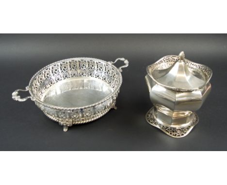 SILVER SERVING DISH, with pierced rim, Birmingham 1926, makers Mappin & Webb, 21cm diam; & a lidded silver caddy, Sheffield 1