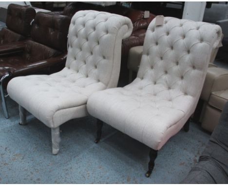 EASY CHAIRS, a pair, button back, in oatmeal fabric, 70cm W. (2)