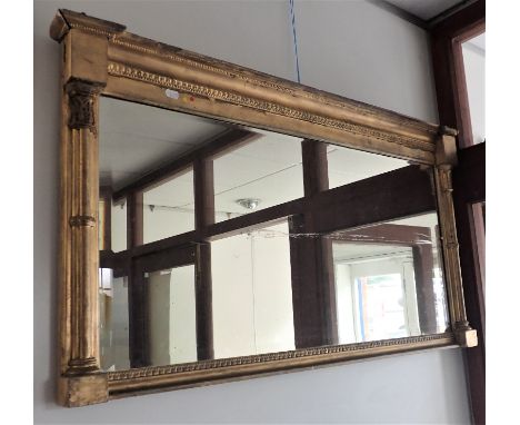 A 19TH CENTURY OVERMANTEL MIRROR with gilded classical style frame, 99cms wide
