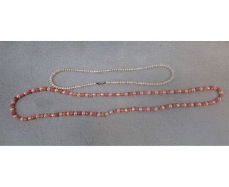A CORAL AND PEARL NECKLACE 70cm long, approx, and a pearl choker (2)