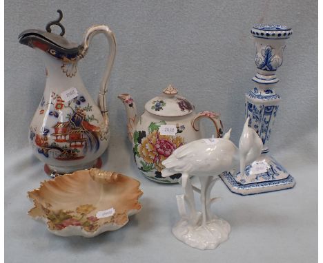 A KAISER HERON GLAZED FIGURINE AND OTHER ITEMS including a a Royal Worcester gilded leaf dish and other items (some damage)