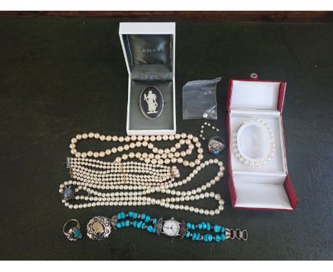 A CULTURED PEARL BRACELET the clasp stamped "14K", together with a collection of jewellery and a wristwatch
